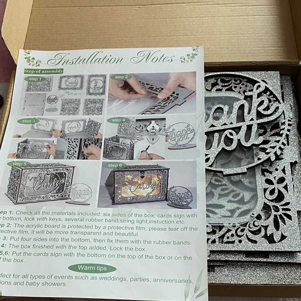 Sparkling Silver Card Box (assembly required) Also comes with heart shaped lock